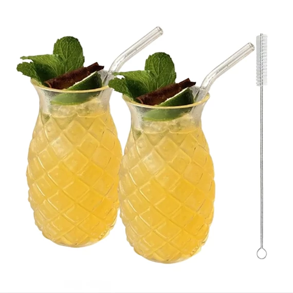 Set tropskih čaša s ananas uzorkom – 2 komada, 480 ml, sa slamkama i četkicom za čišćenje – EQ2732526