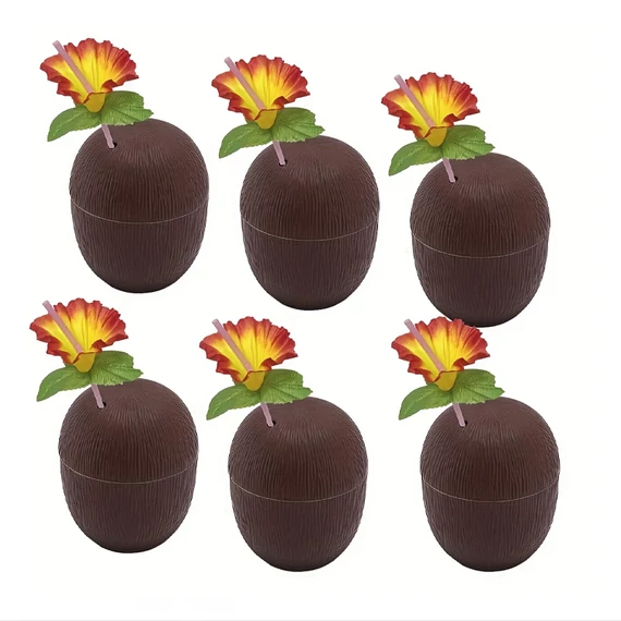 Tropski set čaša u obliku kokosa – 6 komada s hibiskusom i slamkom –  FA2540717