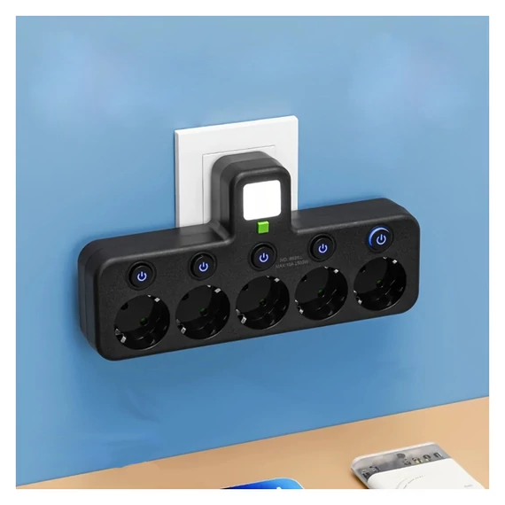 Višestruki Zidni Adapter s 5 Utičnica i Noćnim Svjetlom – Crni EF1778382-F
