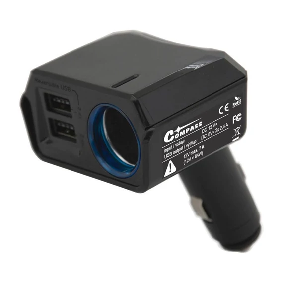 Auto punjač adapter s 1 m kabelom – 2× DUAL-SIDE USB + 12V izlaz, 2400 mA – 07432