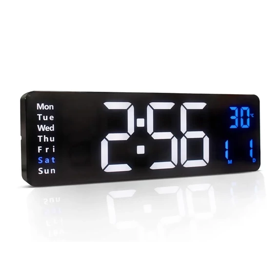 Plastični digitalni zidni sat – 40 cm LED zaslon, datum, temperatura, daljinski upravljač – Plavo-bijeli – 6286408