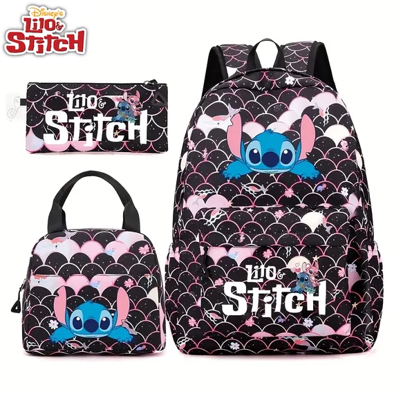 Disney Stitch 3-dijelni školski set – Ruksak, torba za užinu i pernica – CRNI AV2563257-F