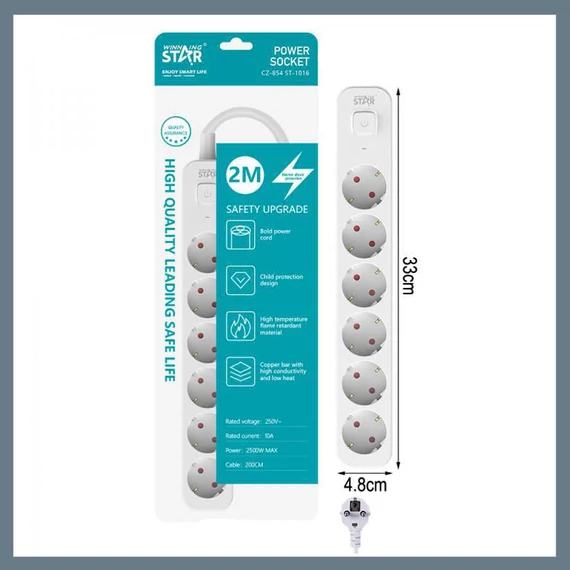 Winning Star Električni Produžni Kabel s 6 Utičnica i Prekidačem ST-1016