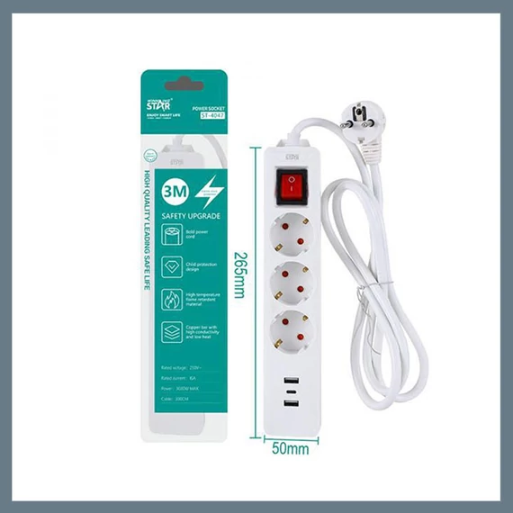 Winning Star Električni Produžni Kabel s 3 Utičnice i Prekidačem ST-4047