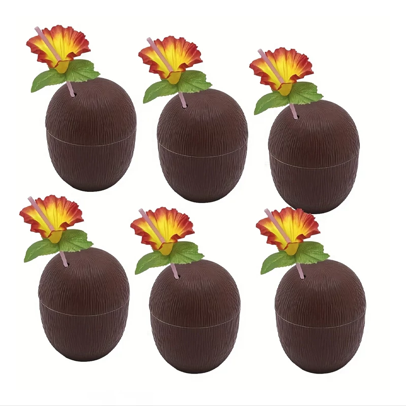 Tropski set čaša u obliku kokosa – 6 komada s hibiskusom i slamkom –  FA2540717