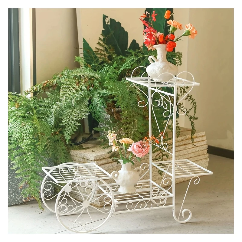 Vrtni stalak za cvijeće u obliku vintage kolica od metala – bijeli, 68 × 68 cm EQ124420-2
