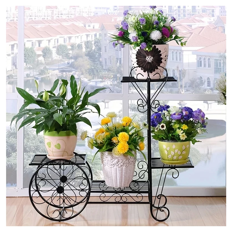 Vrtni stalak za cvijeće u obliku vintage kolica od metala – crni, 68 × 68 cm EQ124420