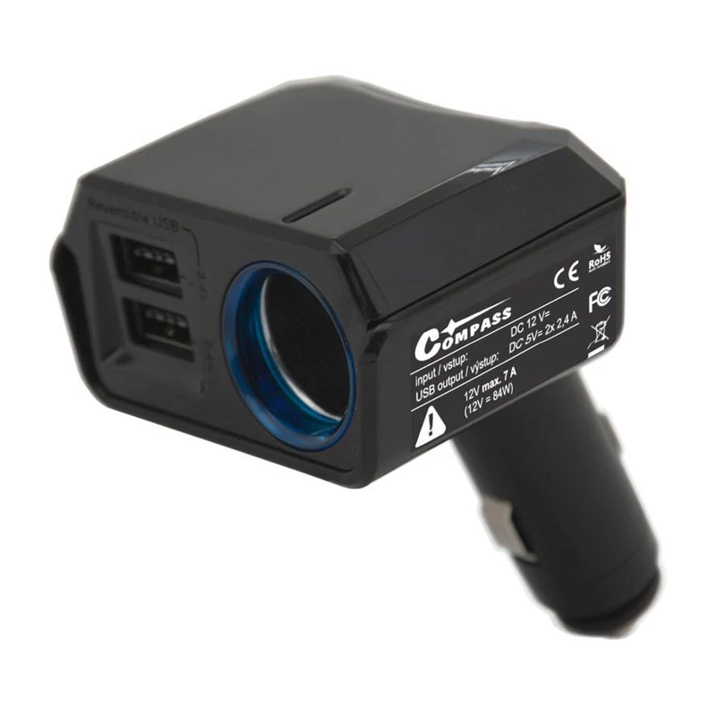 Auto punjač adapter s 1 m kabelom – 2× DUAL-SIDE USB + 12V izlaz, 2400 mA – 07432