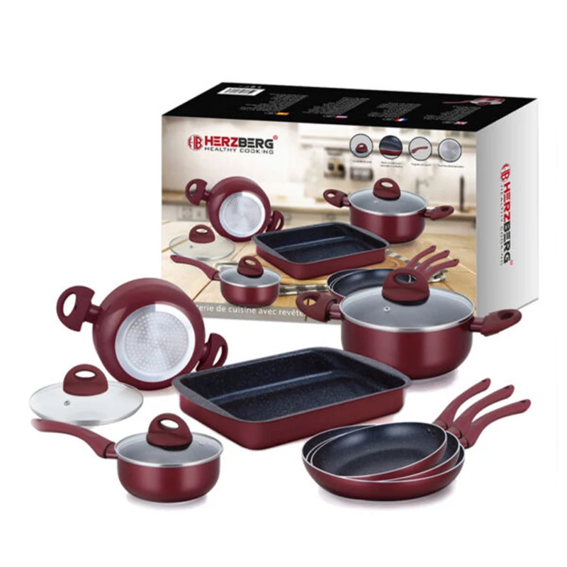Herzberg set posuđa s premazom od mramora - bordo, 10 kom HG-9016BR